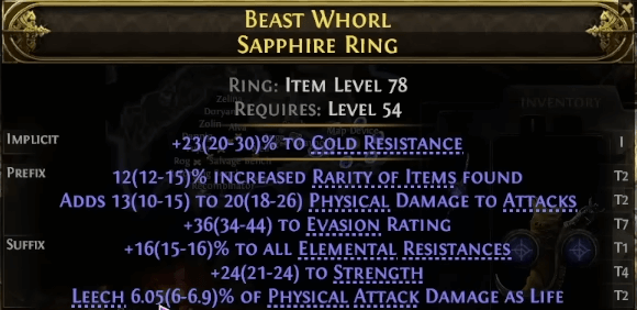 Path of Exile 2 endgame rare ring with multiple high-tier modifiers